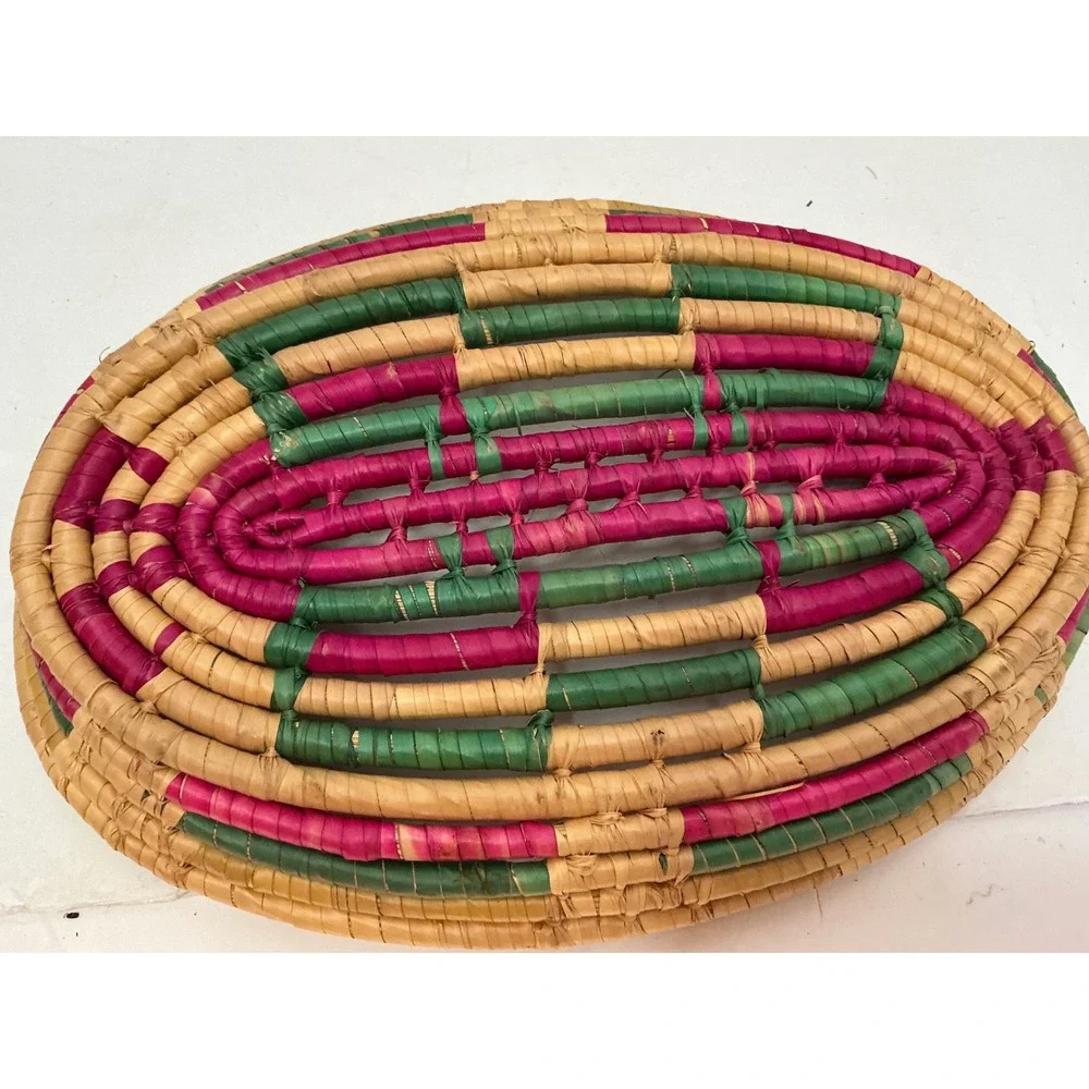 Vintage Woven Coil Basket Oval Pink Green Geometric Boho Decor 10.5in